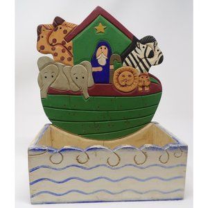Vintage 1996 Figi Graphics Noah's Ark Wooden Folk Art Painted Standing Storage B